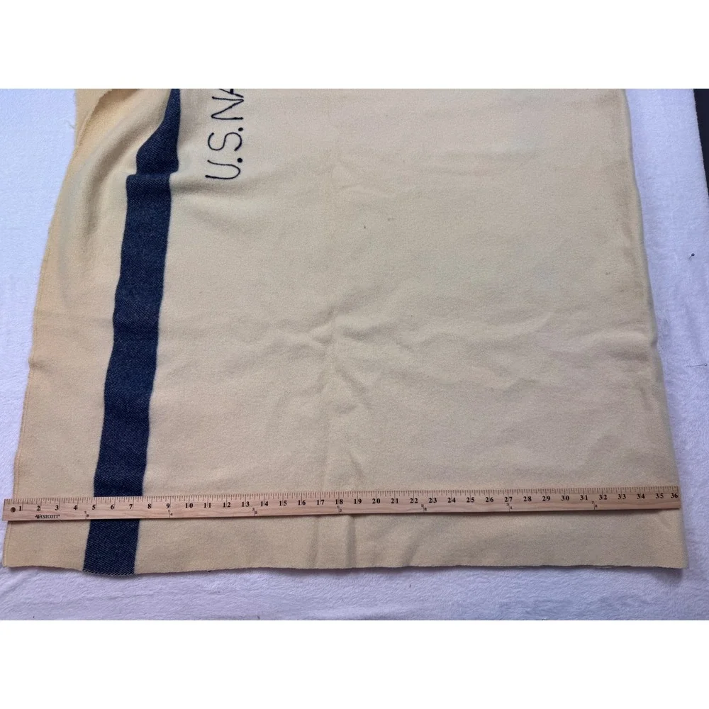 Vintage US Navy Wool Medical Blanket Cream Tan with Blue Stripe Military Issue